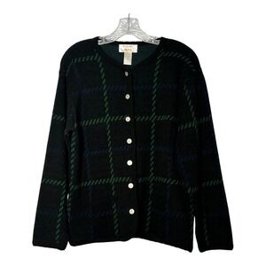 Tally-Ho Plaid Cardigan Sweater Button Front Long‎ Sleeve Green Blue Size Small